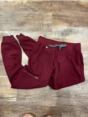 Figs Burgundy Jogger Pants with Gray Drawstring